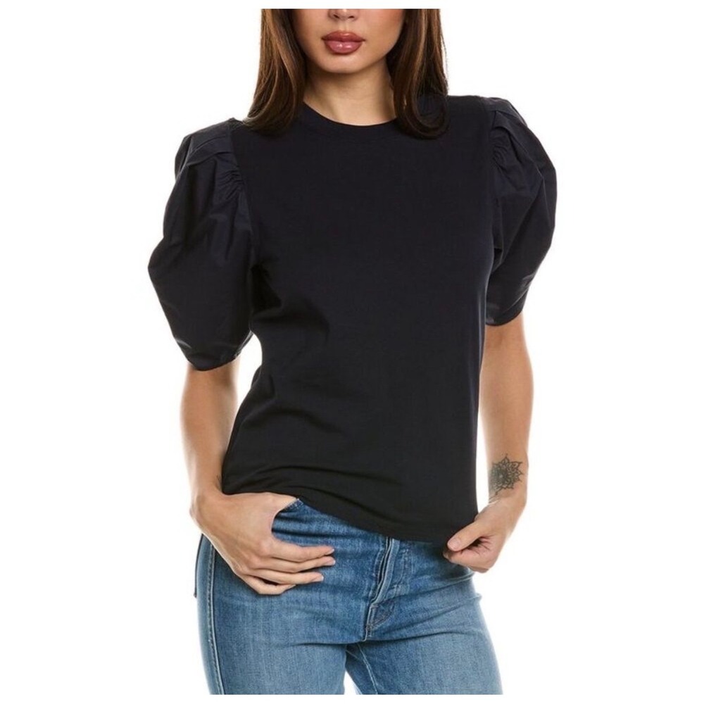 FRAME Denim Old Money 100% Organic Cotton Pleated Puff Sleeve T-Shirt Navy M